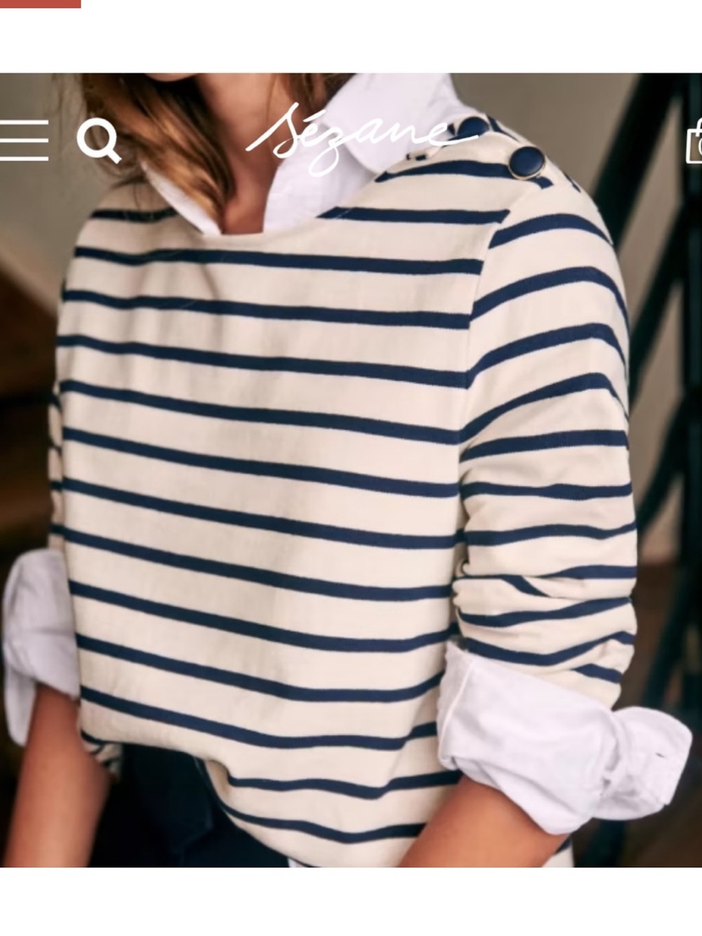Sezane Navy and Cream Striped Long Sleeve Top